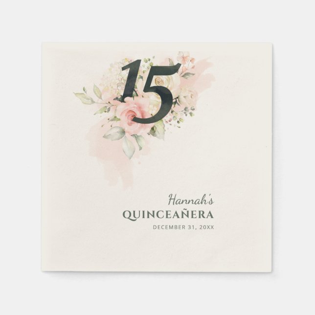 Elegant Floral 15th Birthday Quinceanera Party Napkin (Front)