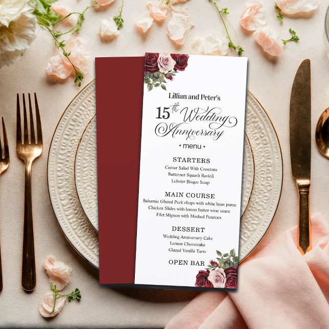 Elegant Floral 15th Wedding Anniversary Menu (Creator Uploaded)
