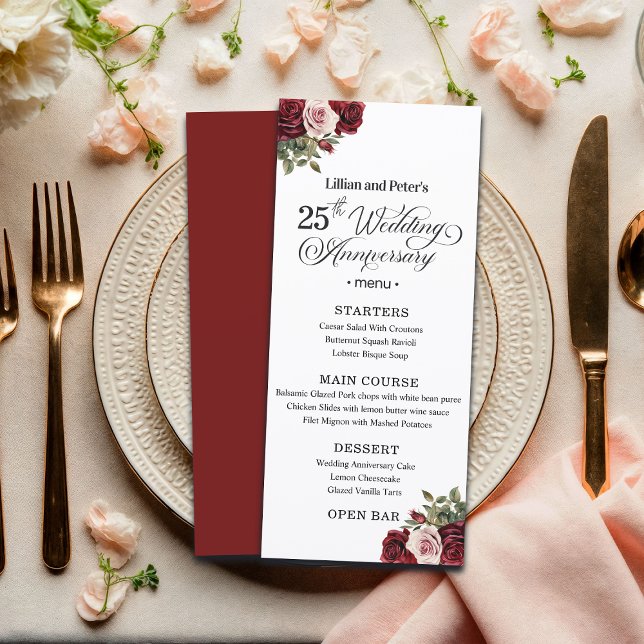 Elegant Floral 25th Wedding Anniversary Menu (Creator Uploaded)