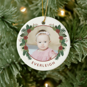 Elegant Floral 2 Photo Baby's 1st Christmas   Ceramic Tree Decoration