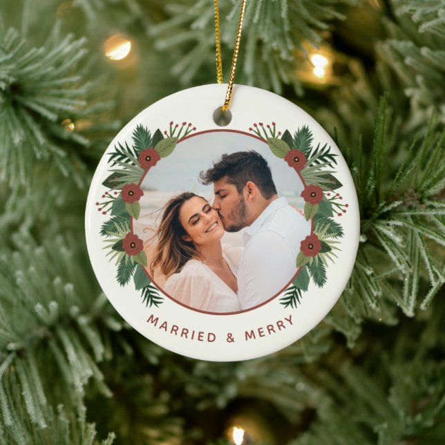 Elegant Floral 2 Photo Married First Christmas Ceramic Tree Decoration (Tree)