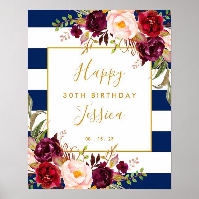 Elegant Floral 30th Birthday Banner Poster (Front)