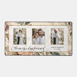 Elegant Floral 3-Photo w/Wedding Script Desk Mat