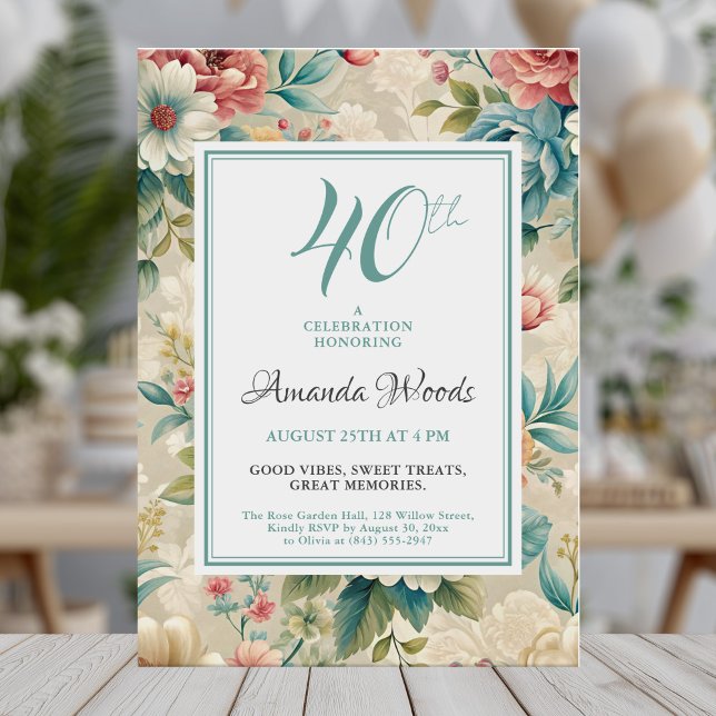 Elegant floral 40th birthday celebration invitation (Creator Uploaded)