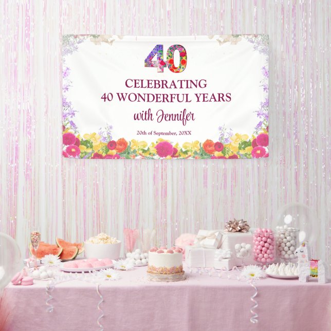 Elegant Floral 40th Birthday Party / 40 Years Banner (Party)