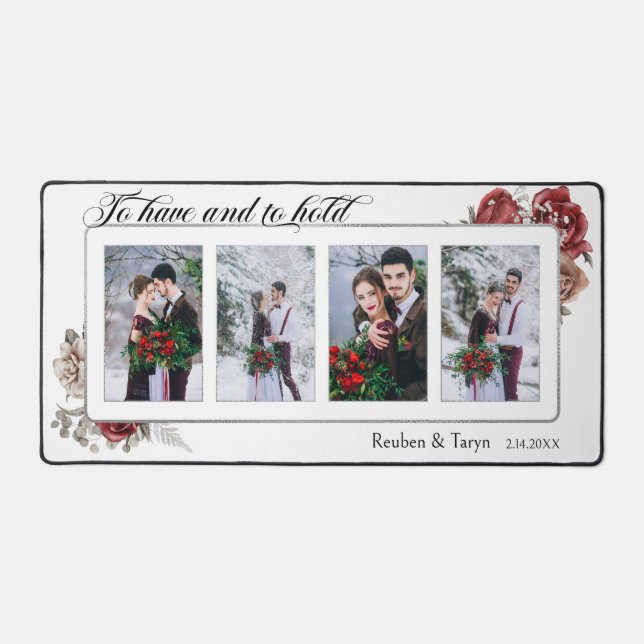 Elegant Floral 4-Photo Wedding Typography Desk Mat (Front)