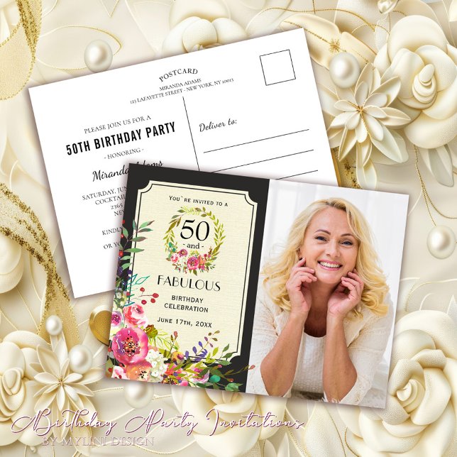 Elegant Floral 50 and Fabulous 50th Birthday Party Invitation Postcard (Creator Uploaded)