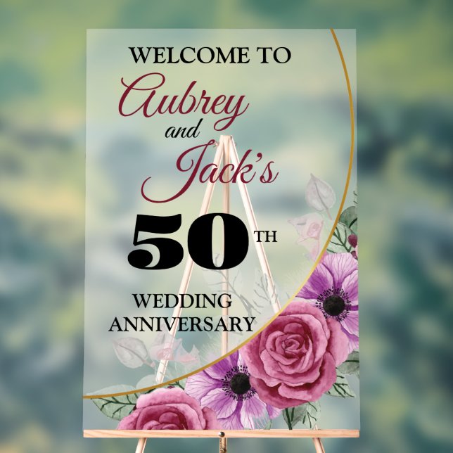 Elegant Floral 50th Anniversary Acrylic Sign (Neutral)