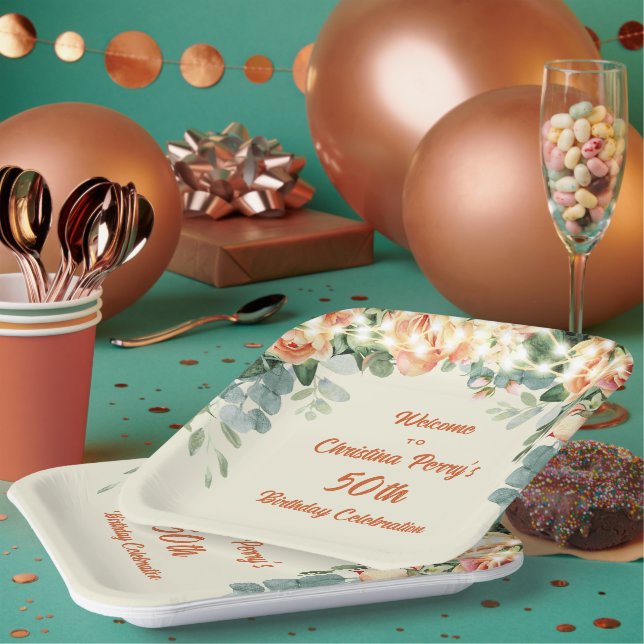 Elegant Floral 50th Birthday Papare Plates (Multi)