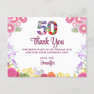 Elegant Floral 50th Birthday Party / 50 Thank You Postcard