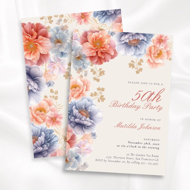 Elegant Floral 50th Birthday Party Invitation (Elegant Floral 50th Birthday Party Invitation)