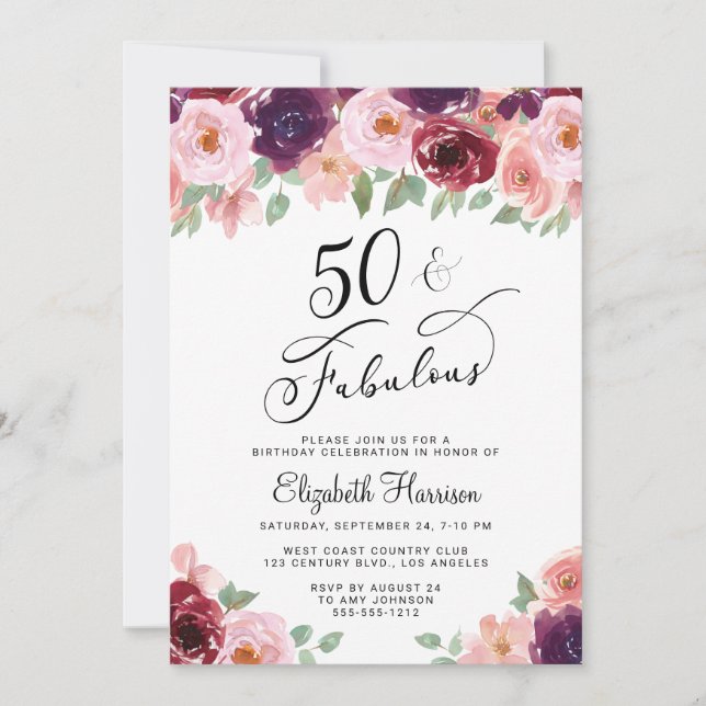 Elegant Floral 50th Birthday Party Invitation (Front)