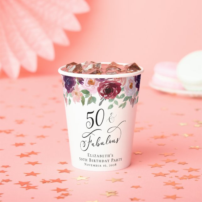 Elegant Floral 50th Birthday Party Paper Cups (Insitu)