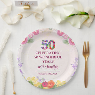 Elegant Floral 50th Birthday Party / Pastel 50 Paper Plate