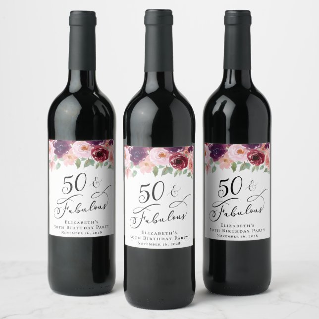 Elegant Floral 50th Birthday Party Wine Label (Bottles)