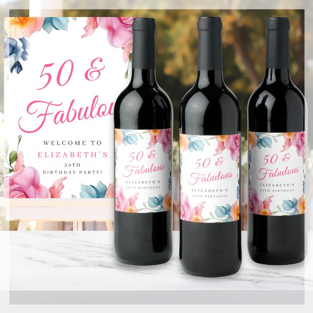 Elegant Floral 50th Birthday Party  Wine Label (Creator Uploaded)