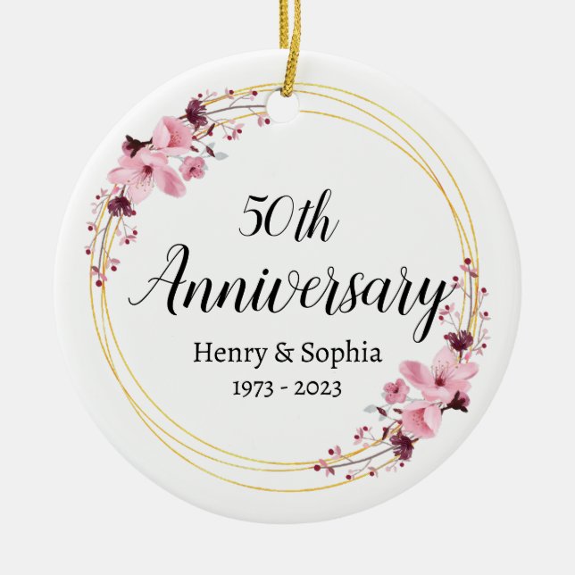 Elegant Floral 50th Wedding Anniversary Keepsake Ceramic Tree Decoration (Front)