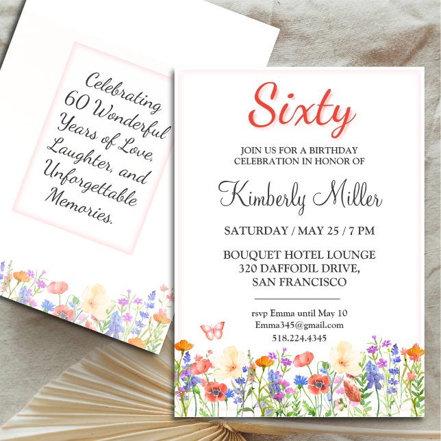 Elegant floral 60th birthday card flower 60 invite (Creator Uploaded)