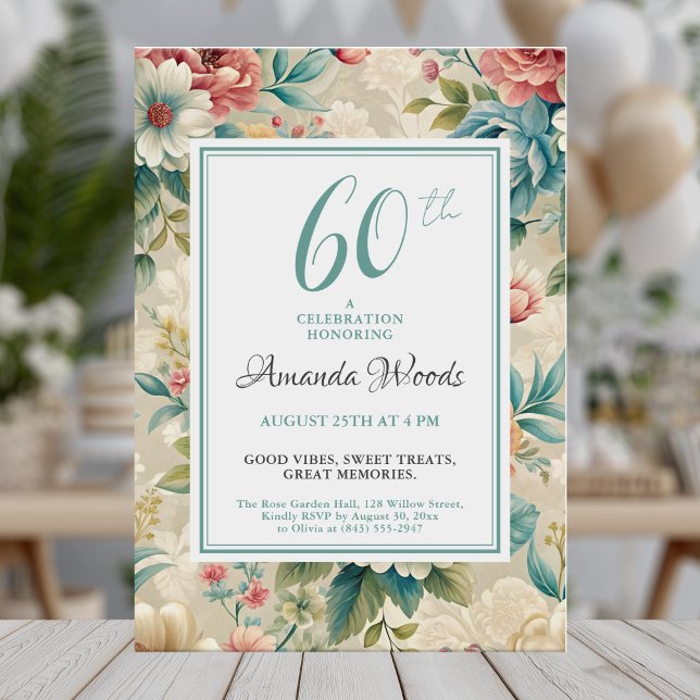 Elegant floral 60th birthday celebration vintage invitation (Creator Uploaded)