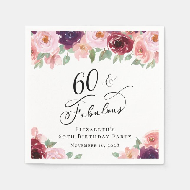 Elegant Floral 60th Birthday Party Napkin (Front)