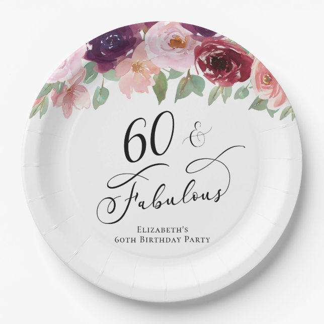 Elegant Floral 60th Birthday Party Paper Plate (Front)