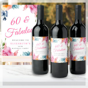 Elegant Floral 60th Birthday Party  Wine Label