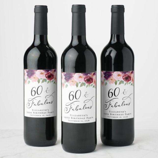 Elegant Floral 60th Birthday Party Wine Label (Bottles)