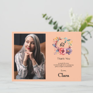 Elegant Floral 62nd birthday thank you card