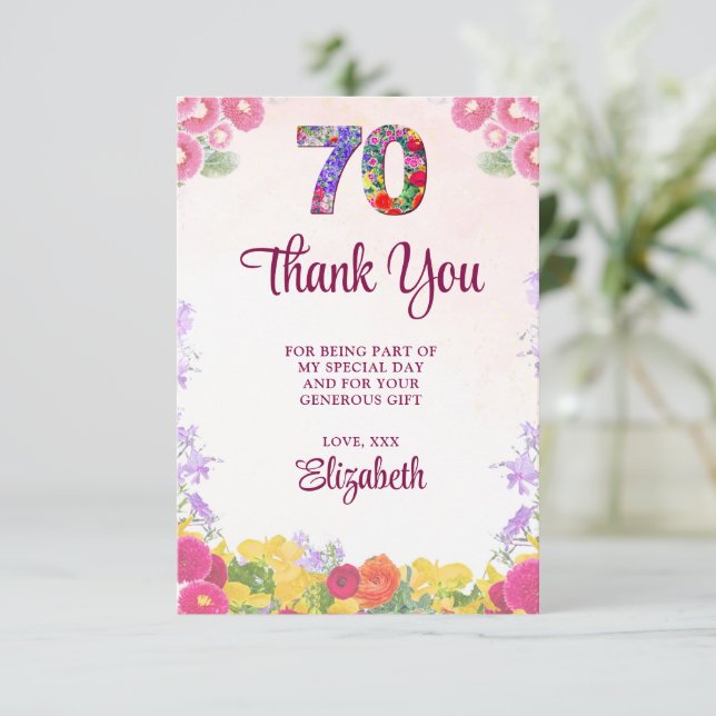Elegant Floral 70th Birthday Party / 70 Years Thank You Card (Standing Front)