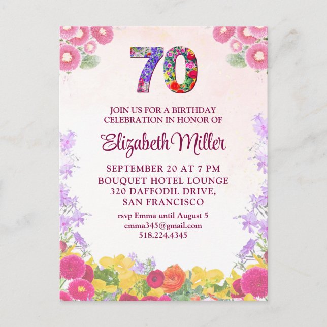 Elegant Floral 70th Birthday Party Invitation Postcard (Front)