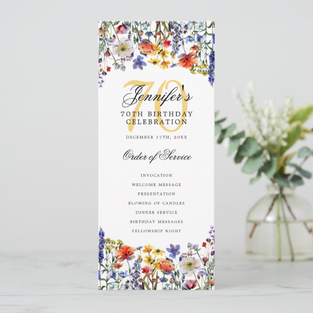 Elegant Floral 70th Birthday Party Program  Invitation (Standing Front)