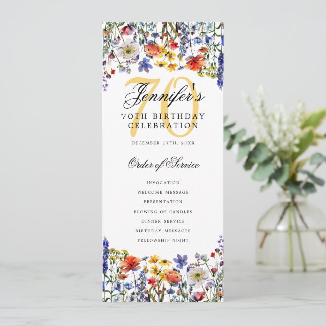 Elegant Floral 70th Birthday Party Program Menu  Invitation (Standing Front)