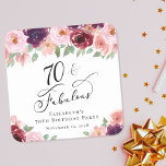Elegant Floral 70th Birthday Party Square Paper Coaster<br><div class="desc">Elegant coaster for her 70th birthday party featuring "70 & Fabulous" in a chic script and watercolor bouquets of burgundy red and blush pink florals with sage greenery.</div>