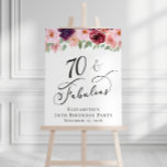 Elegant Floral 70th Birthday Party Welcome<br><div class="desc">Elegant welcome sign and photo backdrop for her 70th birthday party featuring "70 & Fabulous" in a stylish script and watercolor bouquets of burgundy red,  blush pink and purple florals with light sage greenery.</div>