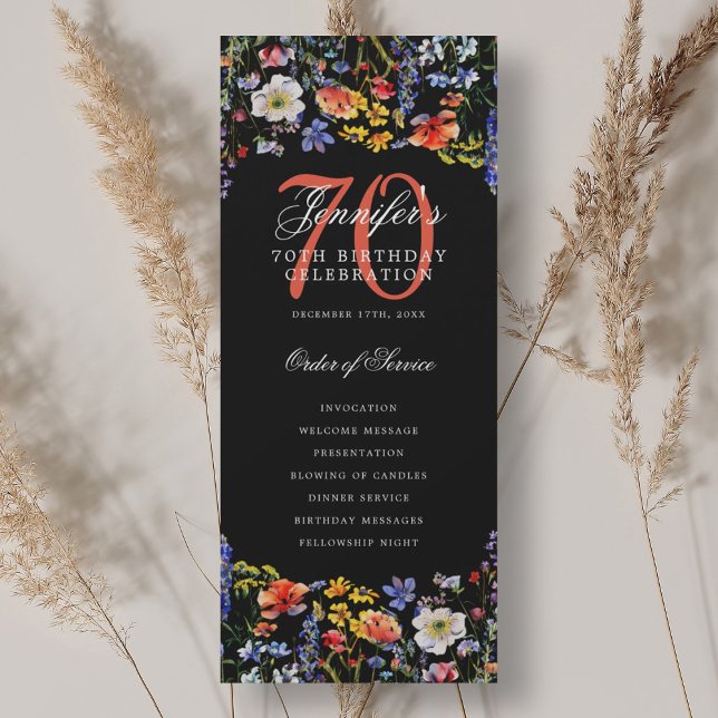 Elegant Floral 70th Birthday Program Black Invitation (Elegant Floral 70th Birthday Program Black)