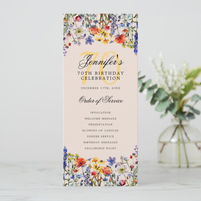 Elegant Floral 70th Birthday Program Champagne Invitation (Standing Front)
