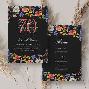 Elegant Floral 70th Birthday Program Menu Black Invitation