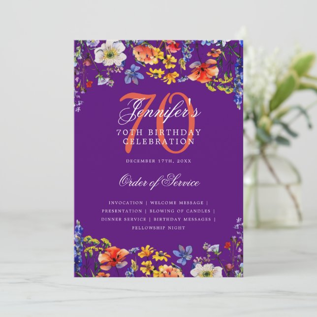 Elegant Floral 70th Birthday Program Menu Purple  Invitation (Standing Front)