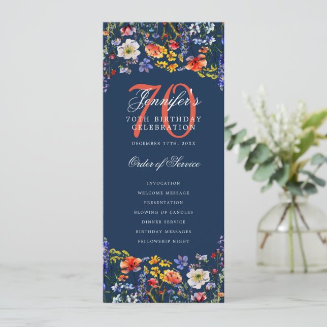 Elegant Floral 70th Birthday Program Navy  Invitation (Standing Front)