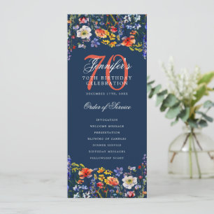 Elegant Floral 70th Birthday Program Navy  Invitation