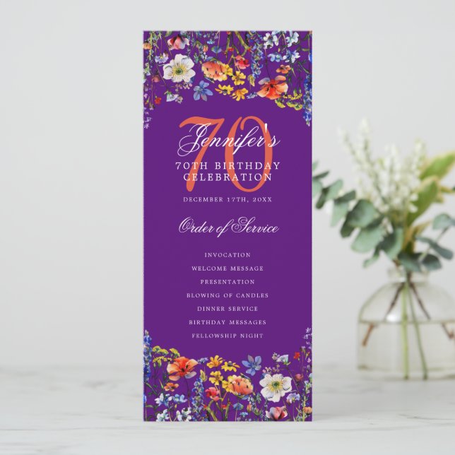 Elegant Floral 70th Birthday Program Purple  Invitation (Standing Front)