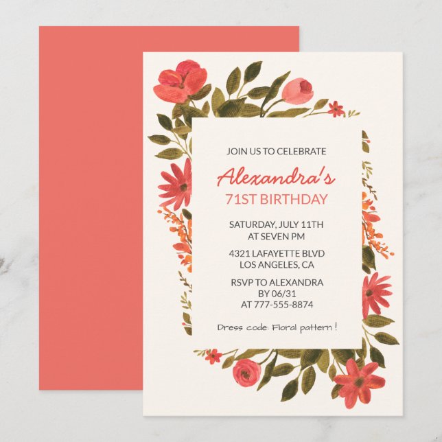 Elegant Floral 71st birthday invitations Boho  (Front/Back)