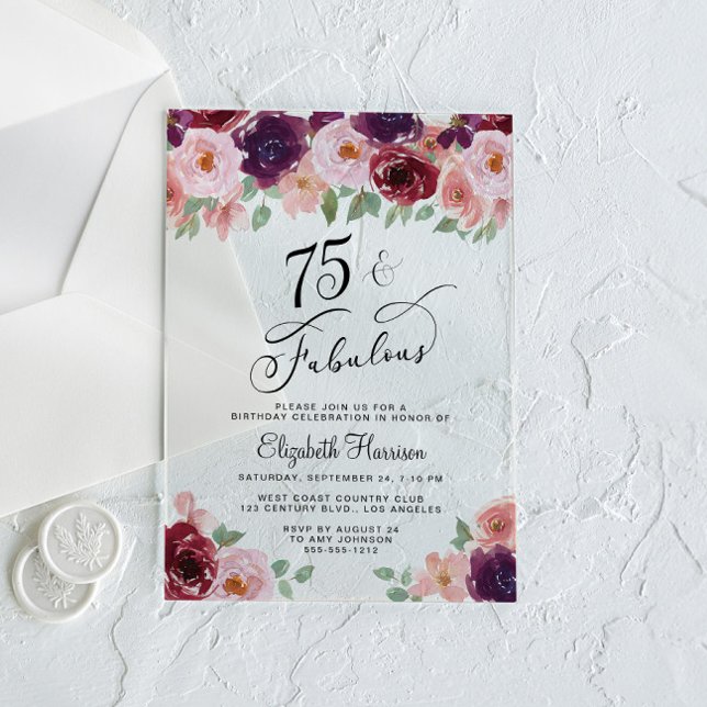 Elegant Floral 75th Birthday Party Acrylic Invitations (Creator Uploaded)