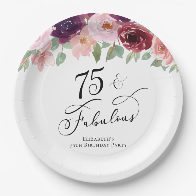 Elegant Floral 75th Birthday Party Paper Plate (Front)