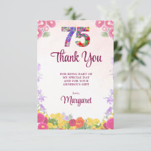 Elegant Floral 75th Birthday Thanks Thank You Card