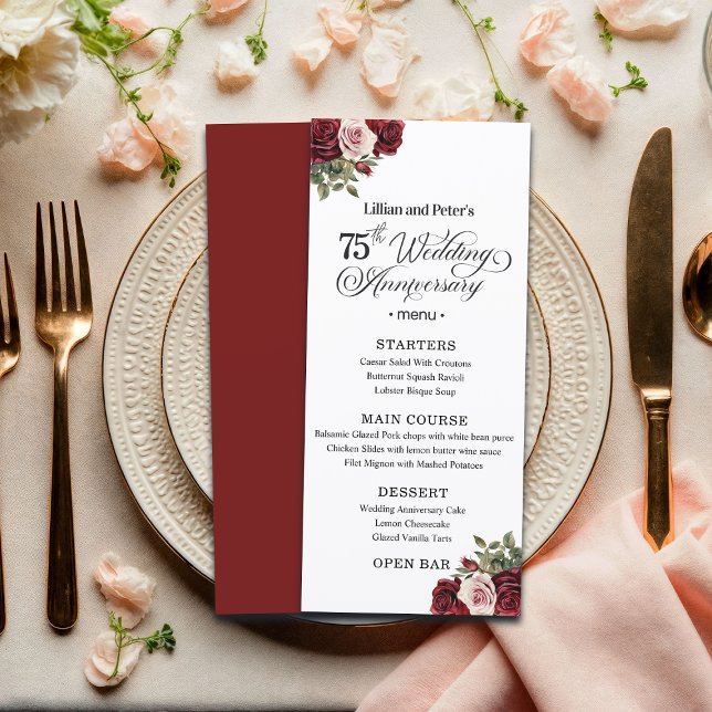 Elegant Floral 75th Wedding Anniversary Menu (Creator Uploaded)