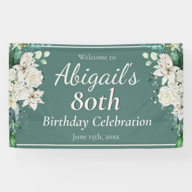 Elegant Floral 80th Birthday Party Any Age Banner (Horizontal)