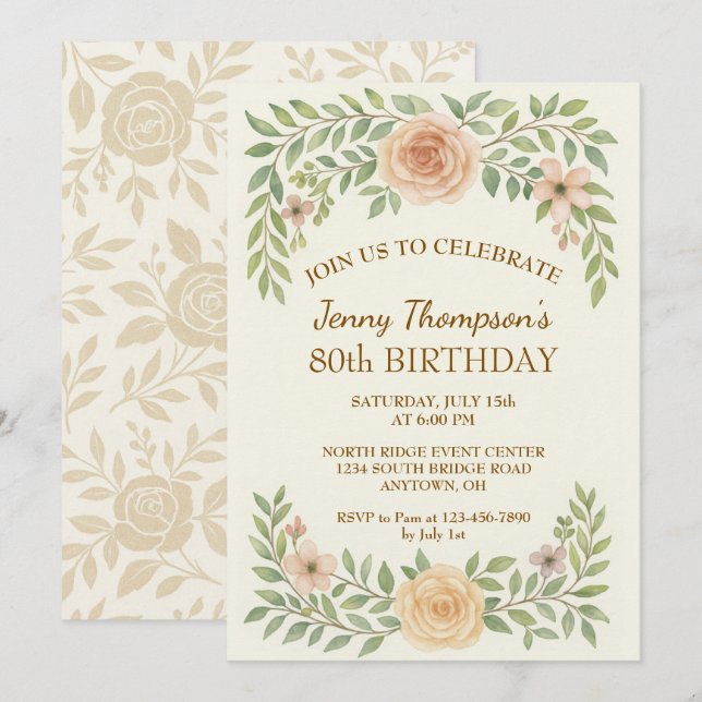 Elegant Floral 80th Birthday Party Invitation (Front/Back)