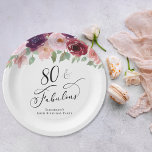 Elegant Floral 80th Birthday Party Paper Plate<br><div class="desc">Elegant paper plates for her 80th birthday party that feature "80 & Fabulous" in a stylish script and watercolor bouquets of burgundy red,  blush pink and purple florals.</div>