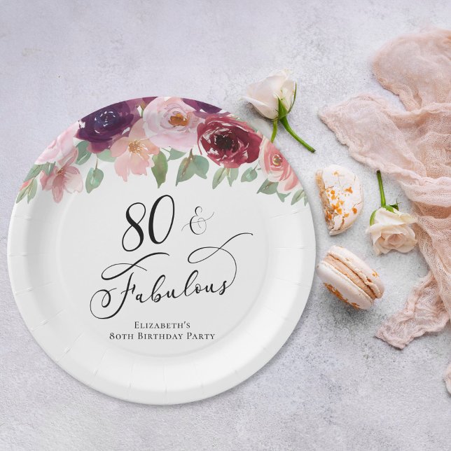 Elegant Floral 80th Birthday Party Paper Plate (Creator Uploaded)
